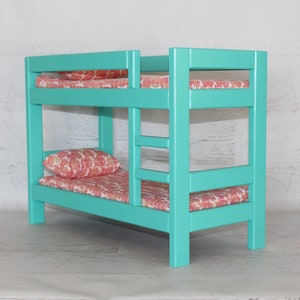 Wood doll furniture teal bunkbed with bedding, mattress, pillows, & blankets, birthday or Christmas gift image 7