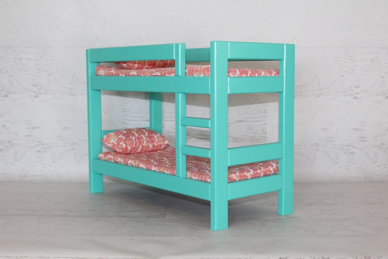 Wood doll furniture teal bunkbed with bedding, mattress, pillows, & blankets, birthday or Christmas gift image 7