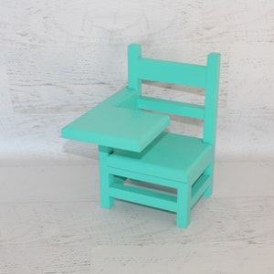 Wood furniture doll school desk, solid wood desk for 1820 dolls, collectible, chair, teal green color image 2