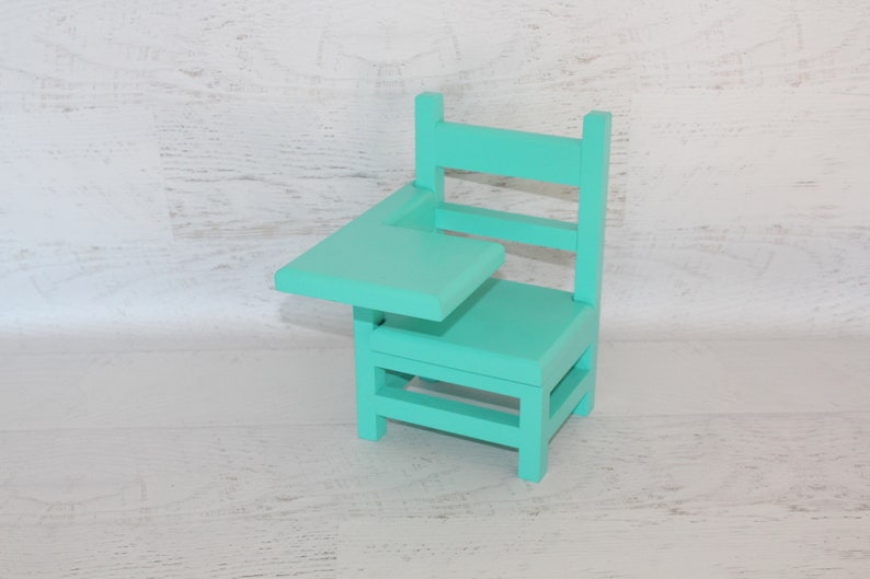 Wood furniture doll school desk, solid wood desk for 1820 dolls, collectible, chair, teal green color image 2