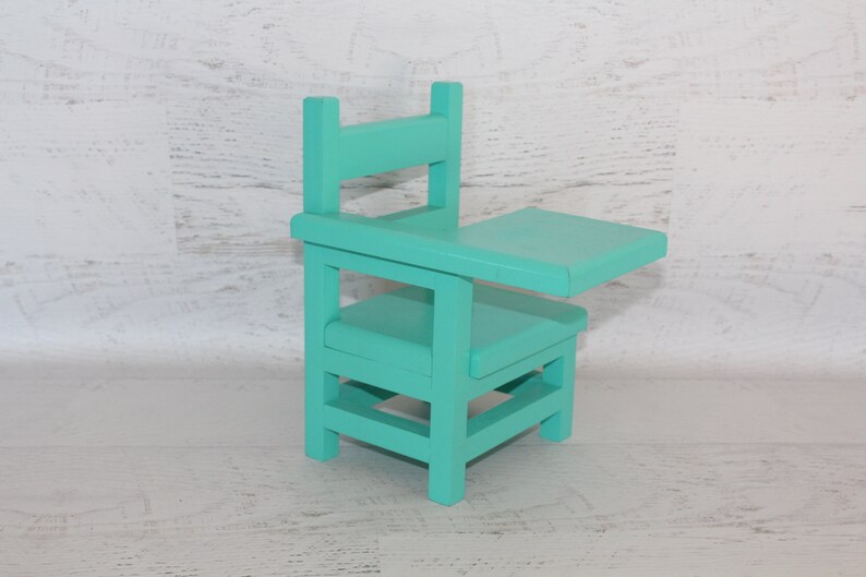 Wood furniture doll school desk, solid wood desk for 1820 dolls, collectible, chair, teal green color image 6