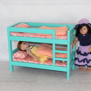 Wood doll furniture teal bunkbed with bedding, mattress, pillows, & blankets, birthday or Christmas gift image 1