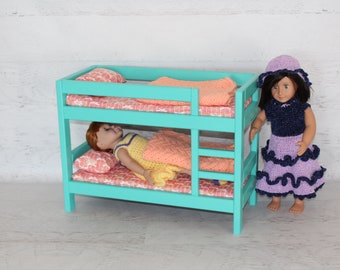 Wood doll furniture teal bunkbed with bedding, mattress’, pillows, & blankets, birthday or Christmas gift