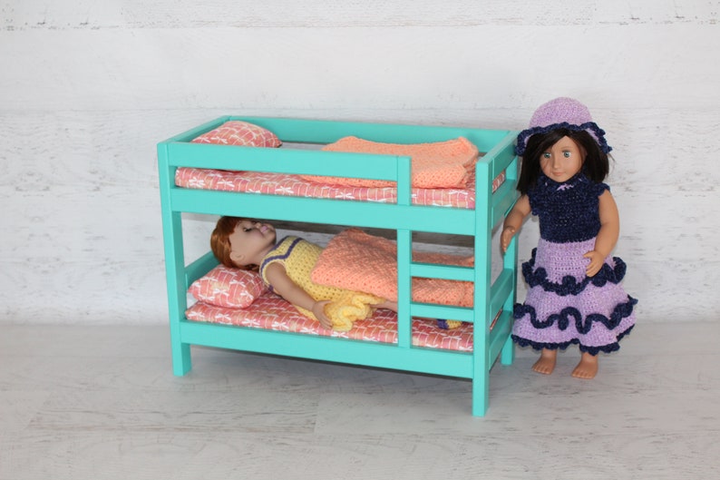 Wood doll furniture teal bunkbed with bedding, mattress, pillows, & blankets, birthday or Christmas gift image 1