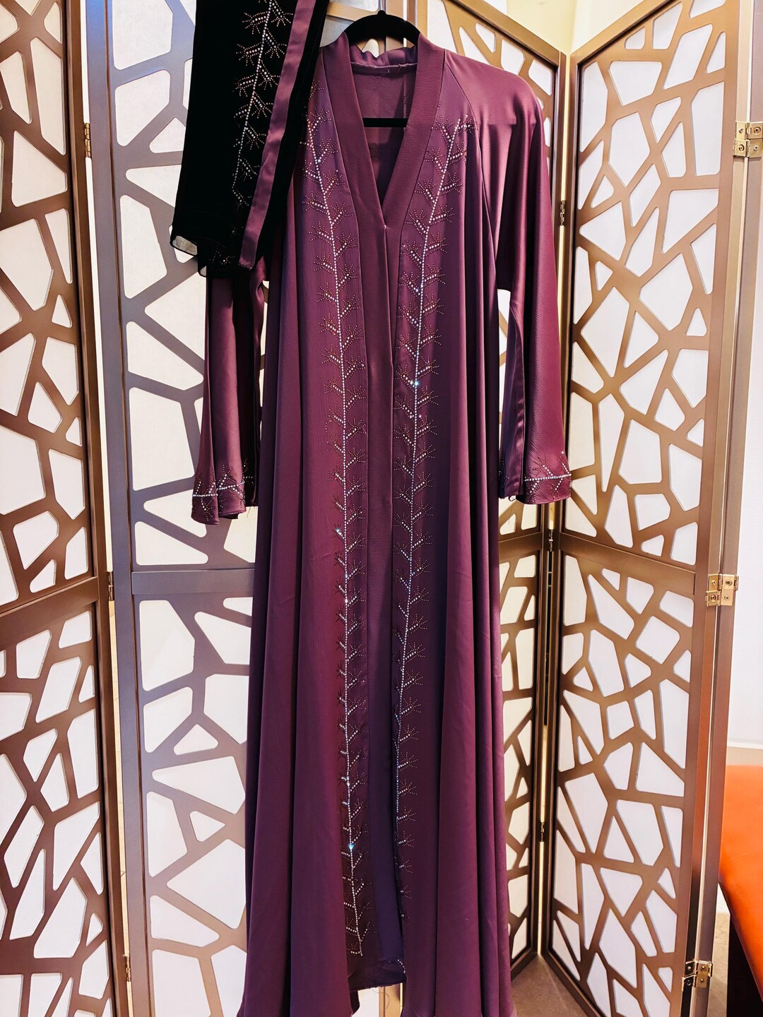 Maroon Abaya Sating Silk Rhinestones Work Front AND Back 2 Piece Set ...