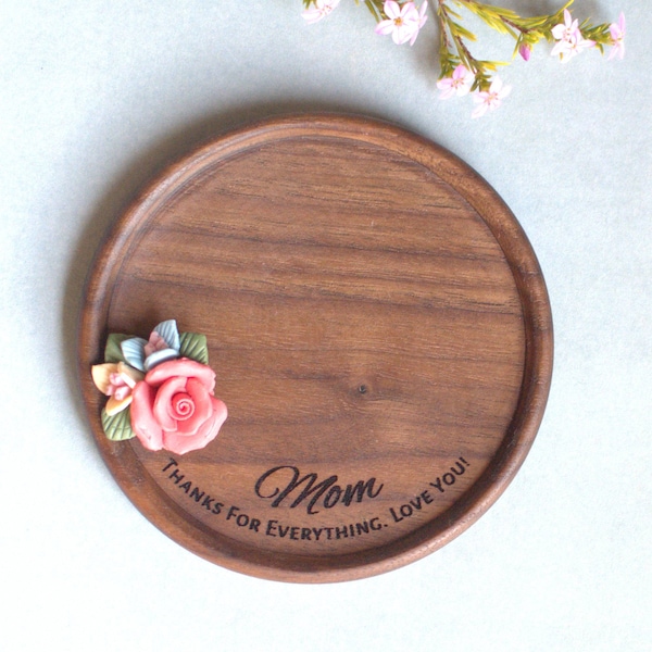 Personalized Laser Engraved Mother's Day Clay Flower Wooden Jewelry Dish - Custom Mother's Day Gift - w/ Your Quote - Simple & Elegant