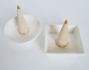 Ceramic Jewelry Holder with Decorated Wooden Ring Cone - Simple Ring Dish
