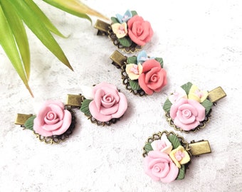 Clay Flower Hair Clips - Vintage Style Floral Hair Accessories - Set of 2 Elegant Hair Decorations - Clay Rose Antique Bronze Hardware