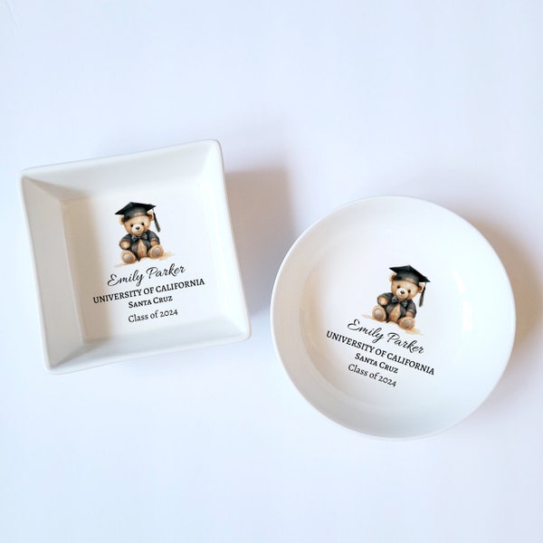 Personalized Graduation Bear Ceramic Jewelry Dish - Custom Ring Holder - Graduation Gift - Minimalist Elegant - Sentimental Gift