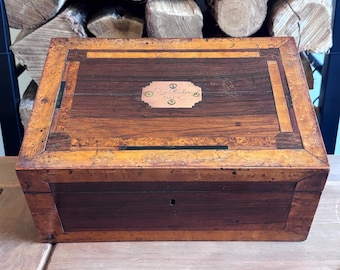 Antique wooden (burred walnut) writing box. Vintage chest with key and inserts. Seeing box.