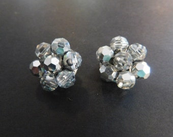 Lovely Mid Century Silver Cluster Beaded Clip - On Earrings 1950's - Highly Collectible - Great Gift Idea!