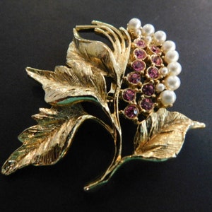 Gorgeous Gold Tone Metal Faux Pearls and Pink Rhinestones Leaves Design Brooch/Pin by BERRY&#39;S - Collectible - Great Gift Idea!