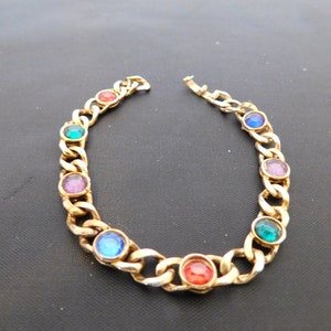 Neat Gold Tone Link Bracelet with Bright and Colorful Rhinestones 1970&#39;s - Blue/Purple/Green/Red - Fun Vintage Chain Bracelet - Gift Idea!
