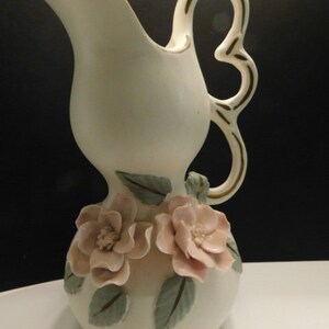 Lovely Porcelain Vase Featuring Applied Pink Flower Embellishments by Enesco - Beautiful Mid Century Find! White Vase - Great Gift Idea!