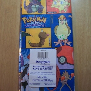 May include: A blue plastic table cover with a Pokemon theme. The cover features various Pokemon characters, including Hitmonchan, Weedle, Pidgeot, and Mpowth. The cover is 54 inches by 96 inches (137.16 cm x 243.84 cm).