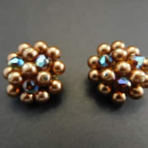 Lovely Brown and Iridescent Beaded Clip On Earrings 1950's - Great Mid Century Find! Highly Collectible! Wonderful Gift Idea!