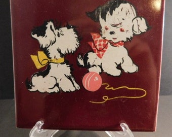 Adorable Ultra Rare Ceramic Tile Featuring a Pair of Puppies Playing by The House Of Lackner 1940's  - Heavy Decorative Tile - Mid Century