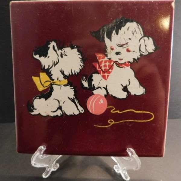 Adorable Ultra Rare Ceramic Tile Featuring a Pair of Puppies Playing by The House Of Lackner 1940's  - Heavy Decorative Tile - Mid Century