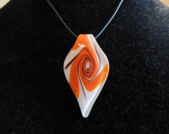 Cool Looking Fused Glass Boho Unisex Necklace in Orange, Brown and White - 1970's - Great Gift Idea!