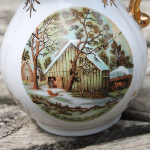 Vintage Enesco Currier & Ives Porcelain Pitcher - "The Old Homestead in Winter" Gold Colored Embellishments