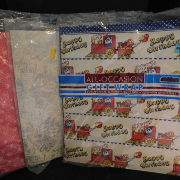 Seven Various Styles of Vintage All Occasion Gift Wrap 1980's by WRAP WELL