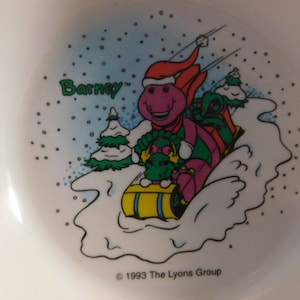 Christmas Themed Barney Melamine Bowl 1993 by The Lyons Group - Cereal Bowl/ Dinnerware - Sledding Barney - Great Gift Idea!