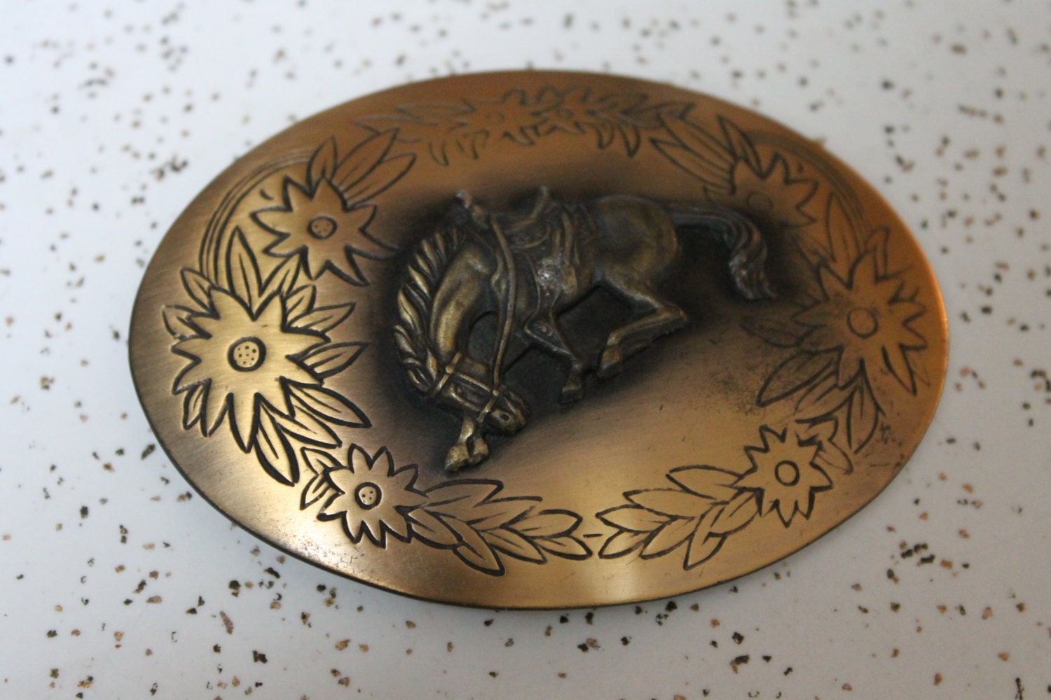 Vintage Tarnished Brass Bucking Horse Belt Buckle VTG Belt Buckle Brass 1983 Two Double Horses Heads Western  main image 2