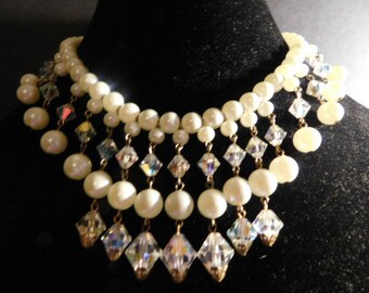 Lovely Vintage Faux Pearl and Crystal Beaded Choker Necklace - Mid Century