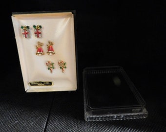 Three Pairs of Wonderfully Vintage Enameled Christmas Themed Stud Earrings 1970's