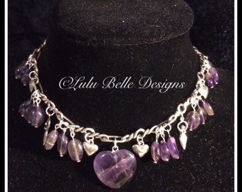 One of a Kind Vintage Sterling Silver Charm Bracelet with Amethyst Drop Gemstone, Amethyst Heart, Sterling Silver Heart & Goddess Charms