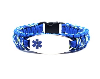 Personalized Kids Medical Alert ID Paracord Bracelet w/ Oval Stainless Steel Engraved ID Tag - Blue Medical Symbol for Girls or Boys