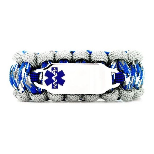 Custom 550 Paracord Bracelet Medical ID - Personalized Engraved Stainless Steel Medical Alert Bracelet - Blue Medium Rectangle