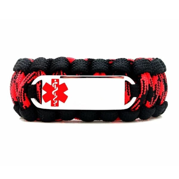 Custom 550 Paracord Bracelet Medical ID - Personalized Engraved Red Stainless Steel Medical ID Bracelet - Red Small Rectangle