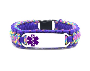 Personalized Thin Kids Medical Alert ID Paracord Bracelet w/ Stainless Steel Engraved ID Tag - Purple Small Rectangle