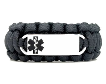 Custom 550 Paracord Bracelet Medical ID - Personalized Engraved Stainless Steel Medical ID Bracelet - Black Small Rectangle