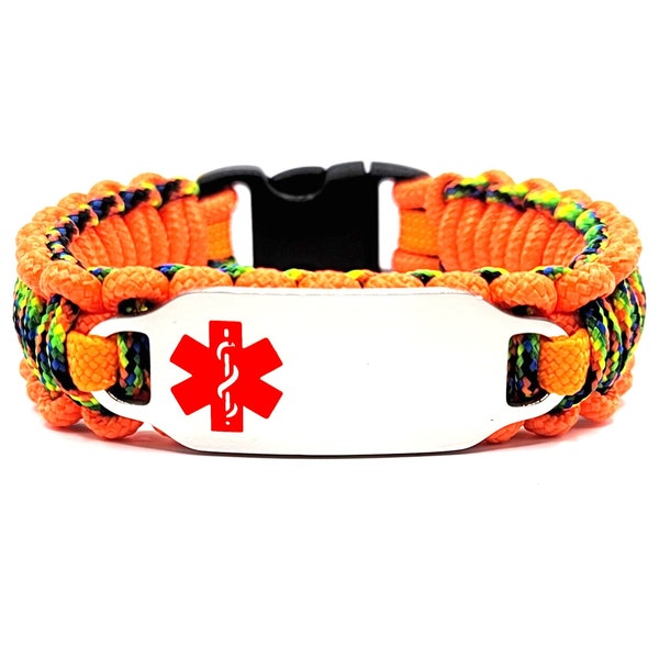 Personalized Thin Kids Medical Alert ID Paracord Bracelet w/ Stainless Steel Engraved ID Tag - Red Medium Rectangle