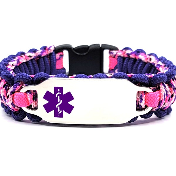 Personalized Thin Kids Medical Alert ID Paracord Bracelet w/ Stainless Steel Engraved ID Tag - Purple Medium Rectangle