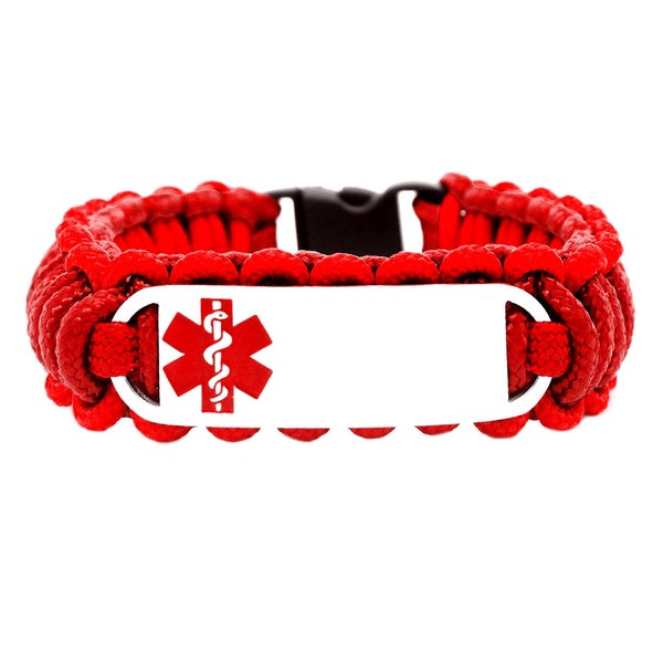 Personalized Thin Kids Medical Alert ID Paracord Bracelet w/ Stainless Steel Engraved ID Tag - Red Small Rectangle