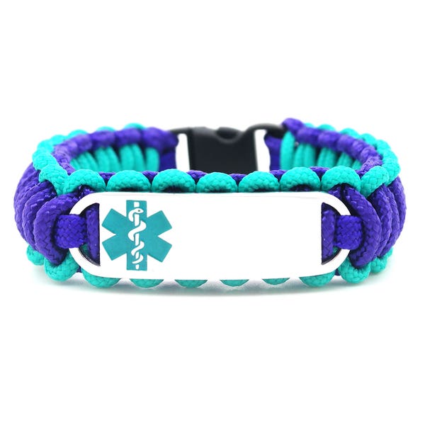 Personalized Thin Kids Medical Alert ID Paracord Bracelet w/ Stainless Steel Engraved ID Tag - Teal Small Rectangle