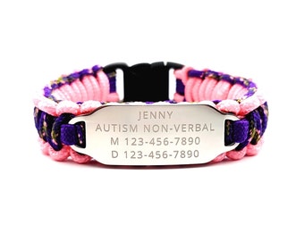 Personalized Thin Paracord Bracelet w/ Customized Stainless Steel Engraved ID Tag Perfect for Kids & Ladies - Medium Rectangle