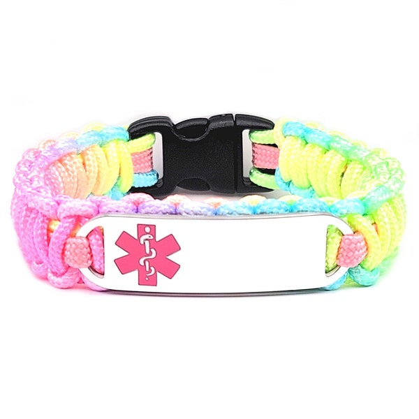 Personalized Thin Kids Medical Alert ID Paracord Bracelet w/ Stainless Steel Engraved ID Tag - Pink Small Rectangle