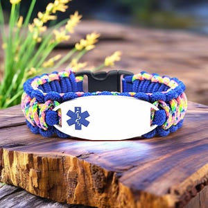 Medical Alert Bracelet for Kids or Adults – Thin 275 Paracord Bracelet with Custom Engraved Stainless Steel ID Tag - Blue Medical Symbol