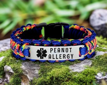 Allergy Bracelet for Kids or Adults – Thin 275 Paracord Bracelet with Custom Engraved Stainless Steel ID Tag
