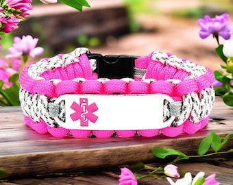 Pulsera de alerta médica para mujer / Pulsera de paracord 550 con etiqueta de identificación de acero inoxidable grabada personalizada - Símbolo médico rosa