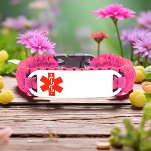 Medical Alert Bracelet for Kids or Adults – Pink Satin Bracelet - Custom Engraved Stainless Steel ID Tag with Choice of Medical Symbols
