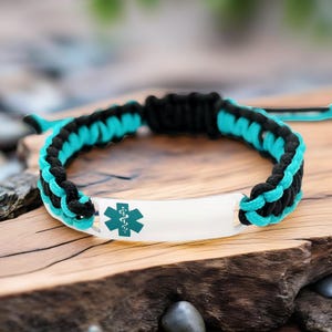 Adjustable Medical Alert Bracelet for Kids or Adults – 275 Paracord Bracelet with Engraved Stainless Steel Tag – Teal Symbol