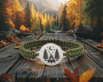 Campfire Macrame Bracelet • Personalized Engraved Gift for Campers, Hikers, Scouts, Outdoor Lovers