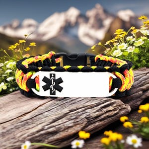 Medical Alert Bracelet for Kids or Adults – Thin 275 Paracord Bracelet with Custom Engraved Stainless Steel ID Tag - Black Medical Symbol