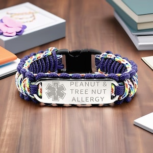 Medical Alert Allergy Bracelet for Kids or Adults – Thin 275 Paracord Bracelet with Custom Engraved Stainless Steel ID Tag
