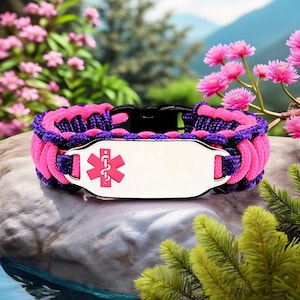 Medical Alert Bracelet for Kids or Adults – Thin 275 Paracord Bracelet with Custom Engraved Stainless Steel ID Tag - Pink Medical Symbol